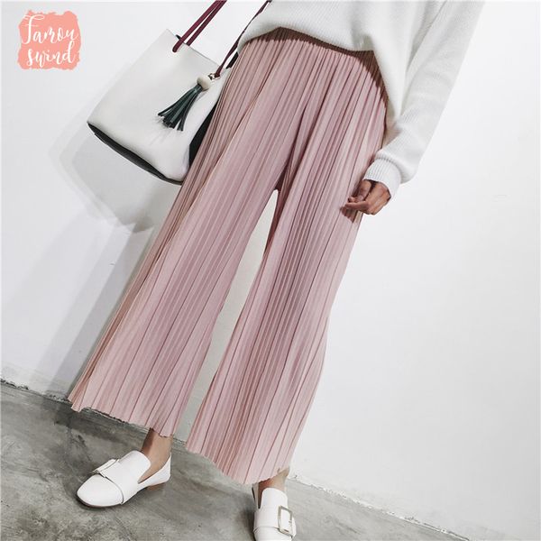 

spring 2019 trousers summer high waist pleated wide leg pants women solid loose palazzo pants ladies ankle length, Black;white