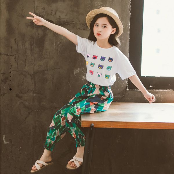 

children's wear 4-12y clothing set summer beach sport suits fashion flower print school style chiffon kids girl party clothes, White