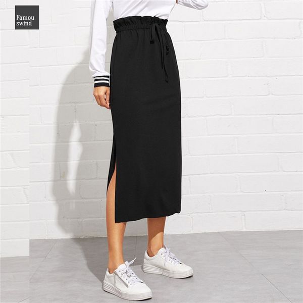 

черный paperbag юбка талия осень side разделить повседневный спецодежда женщины макси юбки высокой талией belted split хем midi юбка, Black