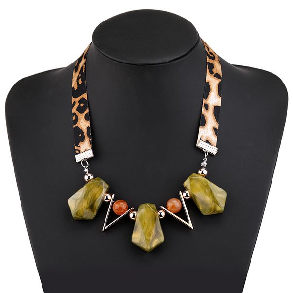 

doreen box vintage acetic acid resin geometric v-shaped leopard fabric chain statement neckalce sweater chain fashion jewelry, Golden;silver
