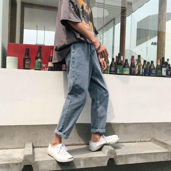 

2019 korean new men casual loose classic blue small straight leg cowboy pants baggy jeans wash biker denim trousers homme s-2xl