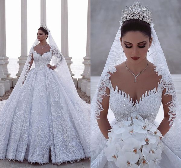 

2020 luxurious beaded arabic ball gown long sleeves wedding dresses lace tulle 3d appliques sequins fitted bridal gowns plus size, White