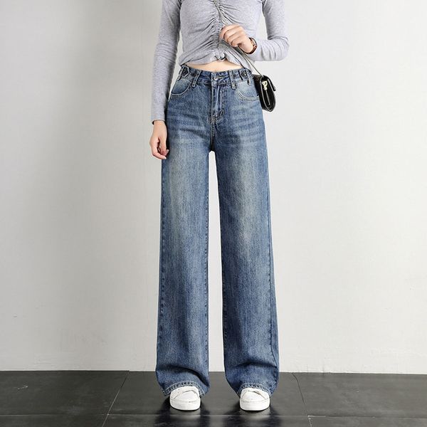 

2020 new high waist straight jeans women autumn blue casual loose wide leg jeans trousers striped pants