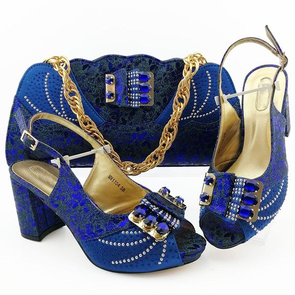 

Nice looking royal blue women pumps with big crystal decoration african dress shoes match handbag set MM1104,heel 8.5CM