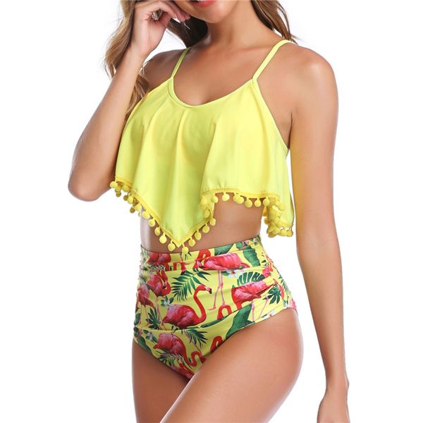 

plus size swimwear women high waist bikini 2020 swimming suit for women yellow tankini swimsuit flamingo ruffle large sizes xxl