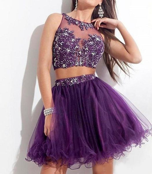 

new purple short two pieces homecoming dresses 2020 beaded crystal appliques a-line prom cocktail graduation gown, Blue;pink