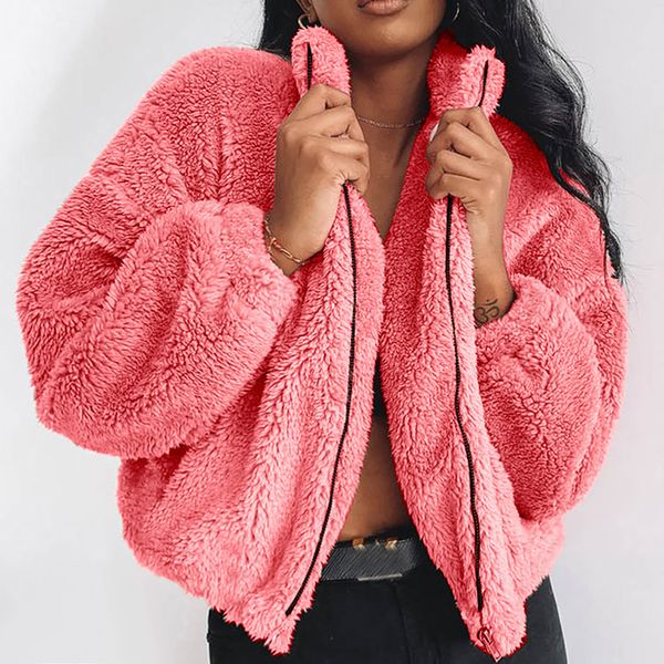 

women's fur & faux winter elegant zipper coat women long sleeve turn down collar loose jackets female overcoat outwear plus size, Black