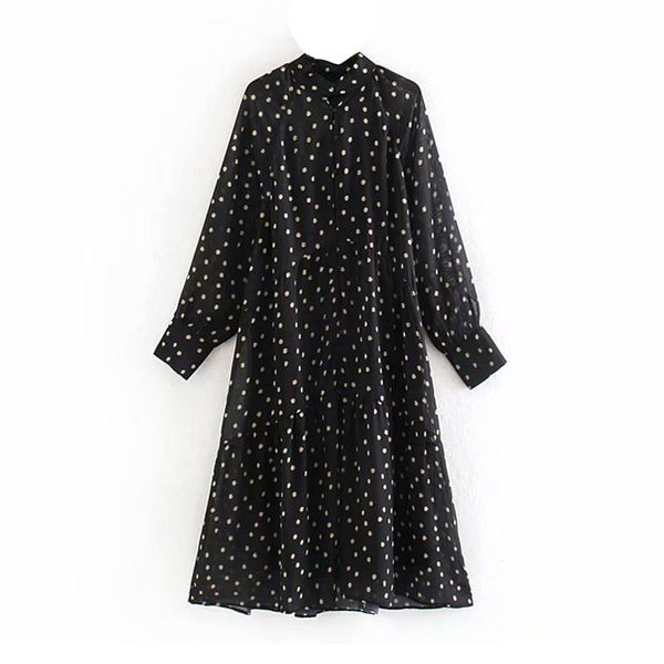

elegant dot print black dress women long sleeve loose pleated midi dress female stand collar vintage lady casual sundress, Black;gray