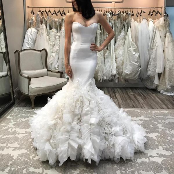 

elegant satin 2019 ruffles mermaid wedding dresses tiered skirts long bridal gowns sweetheart custom made robe de mariee, White