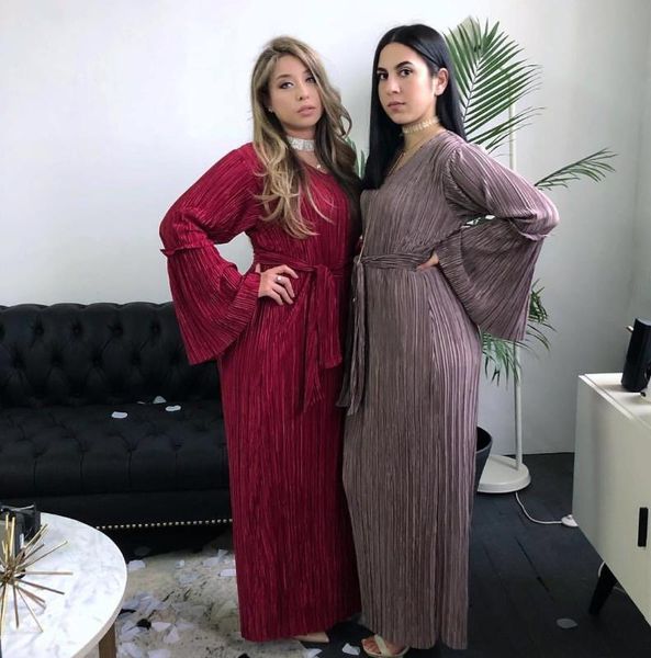 

ethnic clothing muslim women pleated dress robe slim belt abaya bell sleeve maxi kaftan gown fashion cocktail party arab islamic, Red