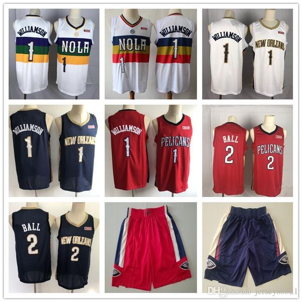 

mens new orleans pelicans throwback jersey zion 1 williamson lonzo 2 ball basketball shorts basketball jerseys purple white red, Black;red