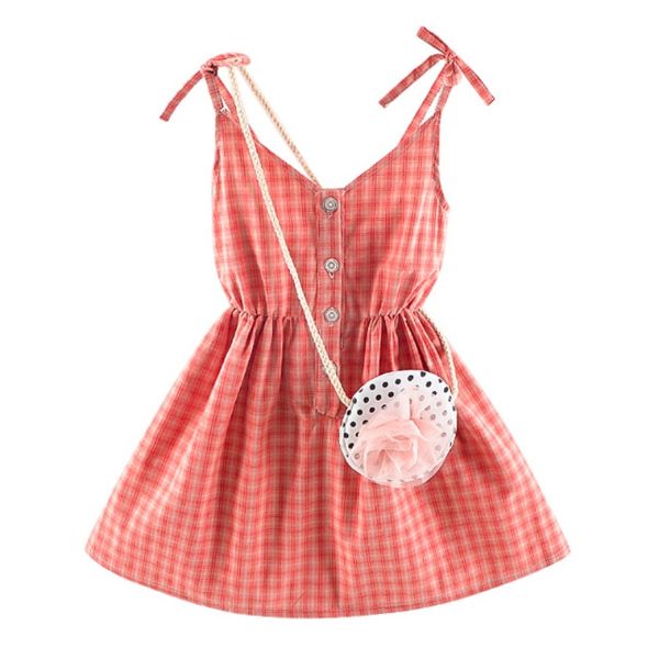 

kids dresses for girls retro plaid bow fashion button vacation dress for girl children clothes with bag newly baby girls dress, Red;yellow
