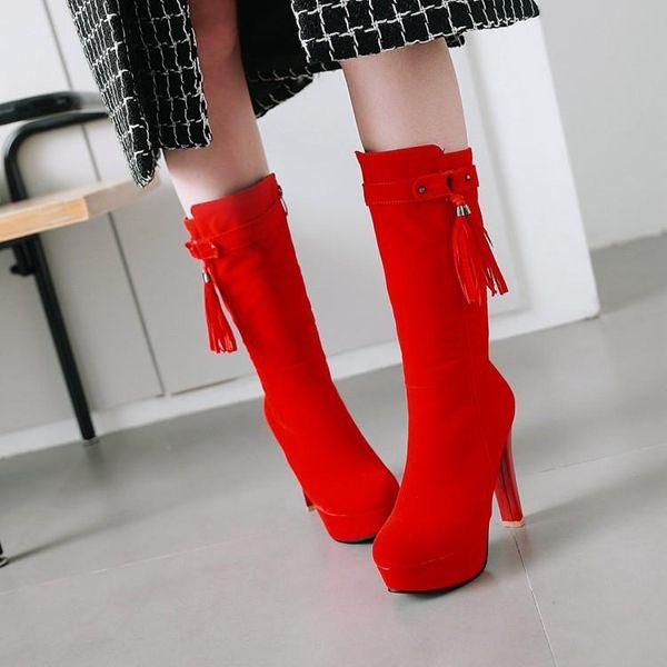 

mid-calf boots women super high (8cm-up) heel red black spring fringe fashion womens shoes size 42 10 woman round toe solid