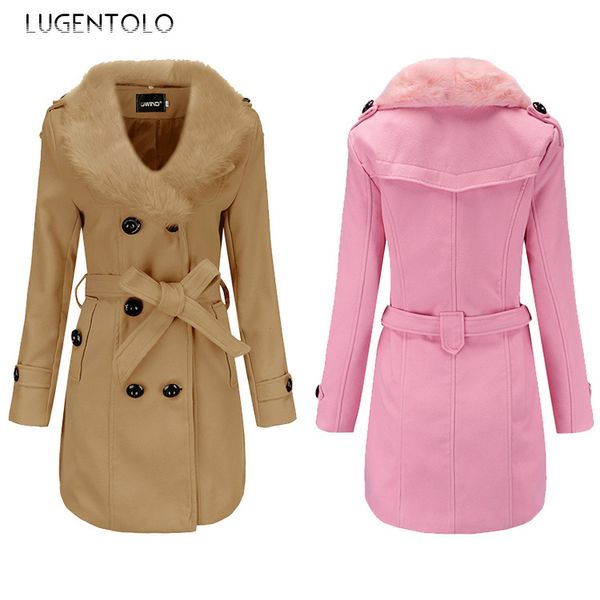 

lugentolo winter coat women long solid color fur turn-down long sleeve collar adjustable waist pockets 7 color plus size 5xl, Black