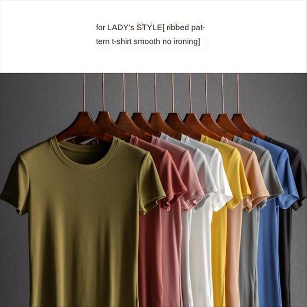 

round collar v-neck high elastic cool smooth and easy to handle women 's t-shirt morandi color thread short sleeve t-shirt women, White