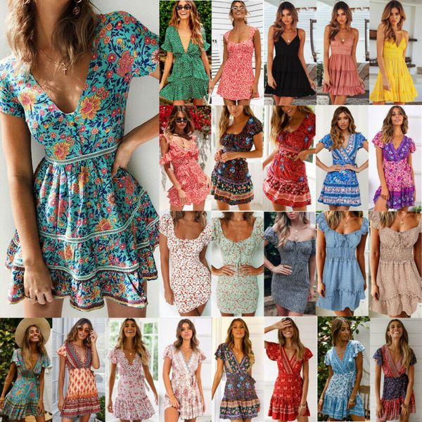 

сша 2020 женщин способа boho цветочные платья вечера партии summer beach holiday sundress, Black;blue
