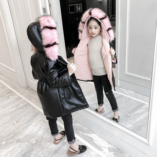 

winter jacket for girls hooded children's plus velvet fur warm pu leather jacket long coat kids autumn outerwear clothes, Blue;gray