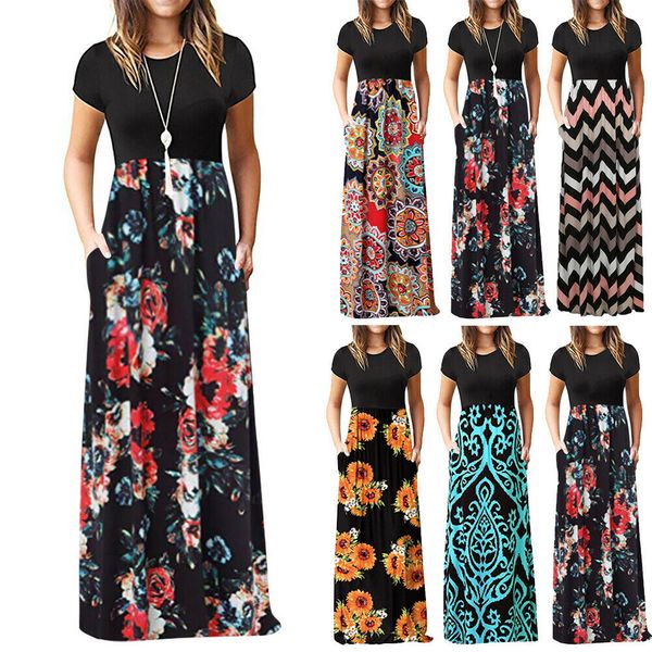

women summer evening party long dress ladies boho holiday short sleeve o-neck floral dresses, Black;gray