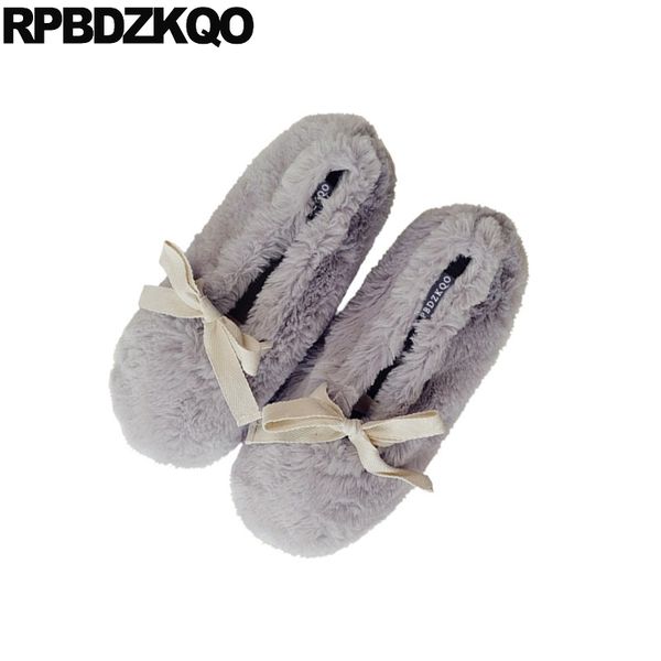 

fuzzy floor fluffy casual slip on house korean cute winter home faux fur flat plush bedroom fashion shoes 2018 women indoor bow, Black