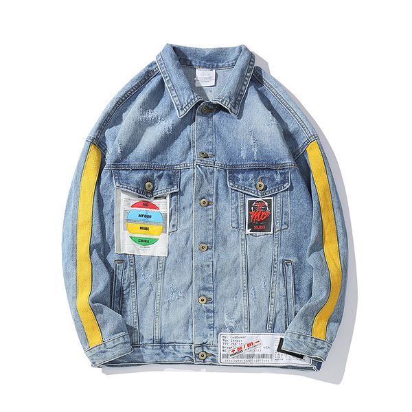

aboorun streetwear vintage mens denim jacket multi pocket color block patchwork jeans jacket oversized outwear male r2463, Black;brown
