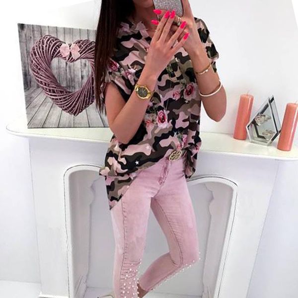 

summer women floral print blouse short sleeve v neck casual plus size shirts loose casual camouflage ws9012v, White