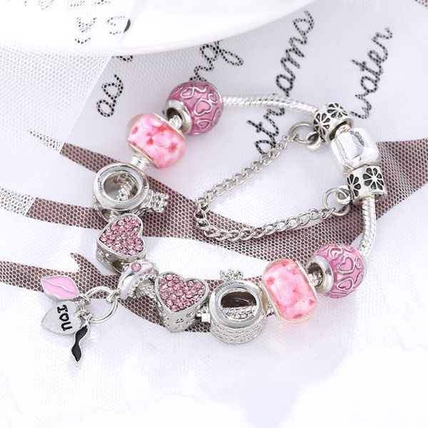 

wholesale- silver fashion creative crown love beads european charm bracelet for pandora style female diy pink bracelet jewelry, Black