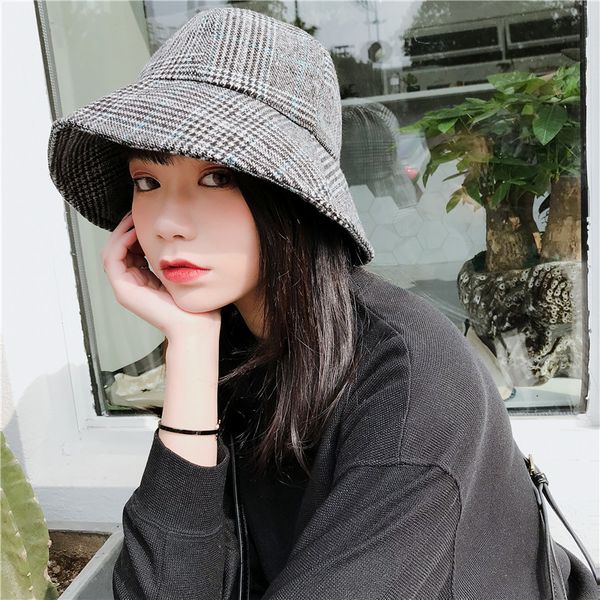 

special offer british plaid fisherman hat women ins korean style all-match basin hat autumn and winter warm woolen hat 2020, Blue;gray