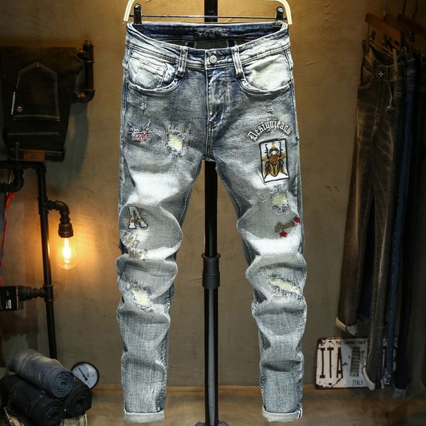 

2020 new hip-hop style fashion jeans men's hole pants slim stretch embroidery feet pants men's applique embroidered pants, Blue