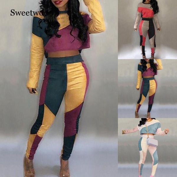 

2020 fashion womens patchwork 2 pc jumpsuits long sleeve crop bodycon pant outfit tracksuits sports sets gym workout, Black;blue