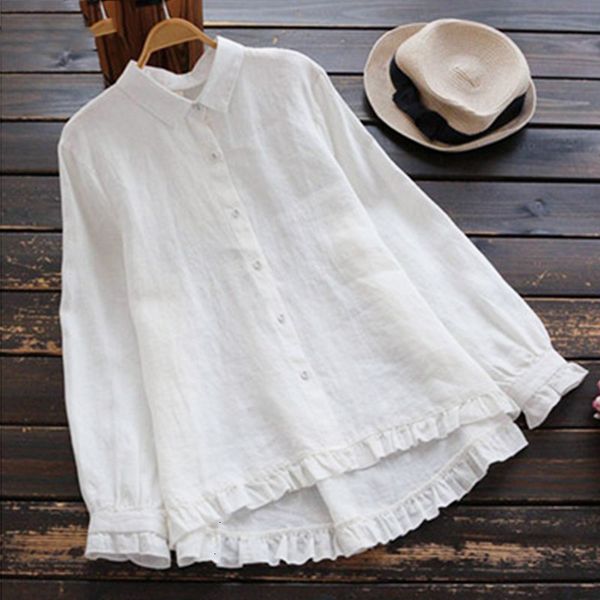 

plus size ruffle vintage women linen blouse female button down shirt 2019 zanzea asymmetrical blusas elegant work tunic, White