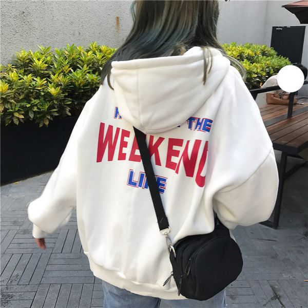 

sweatshirt female women hoodies letter printed loose hooded trendy pockets plus velvet korean style harajuku all-match chic top, Black