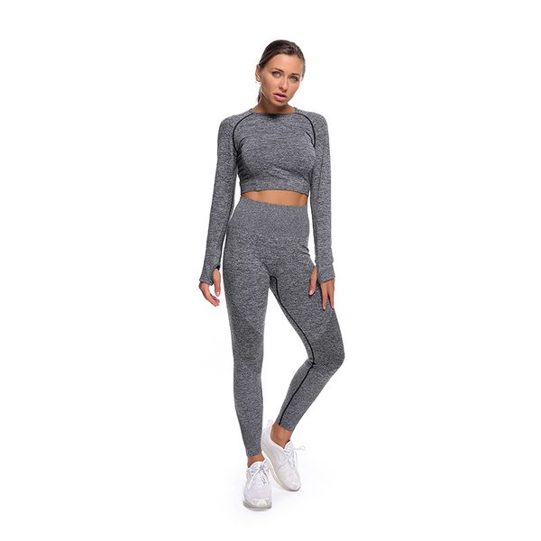 

women seamless yoga sets tracksuit sport suit sportswear summer gym 2 piece set fitness leggings long sleeve shirts workout clothes, Gray