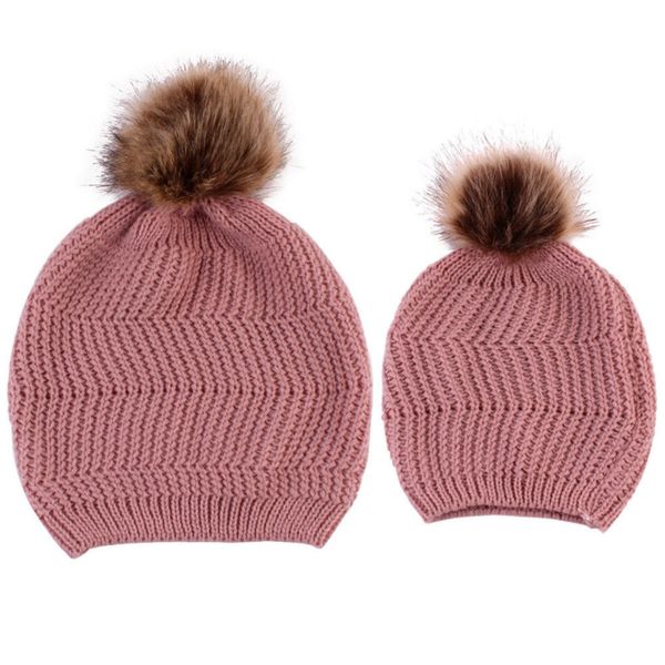 

mom&kids beanies hats family matching and newborn baby boy girls winter warm single fur pom bobble knit beanie hat cap, Blue;gray