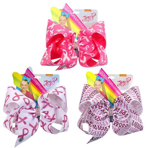 

7 inch jojo hair bows for girls glitter breast cancer awareness sign hairpin hair clips handmade kids hairgrips hair accessories, Slivery;white