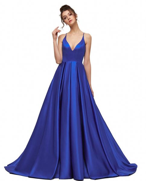 

satin a line long evening dresses 2020 royal blue halter neck evening gowns prom dress robe de soiree, Black;red