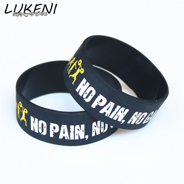 

1pc wide band everybody fit no pain no gain silicone wristband motto rubber bracelets & bangles gift sh078, Golden;silver