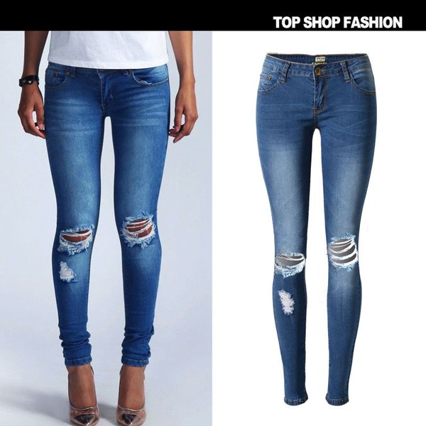 

ripped hole pencil pants women jeans 2018 elastic high waisted torn hole blue denim pants jeans big size
