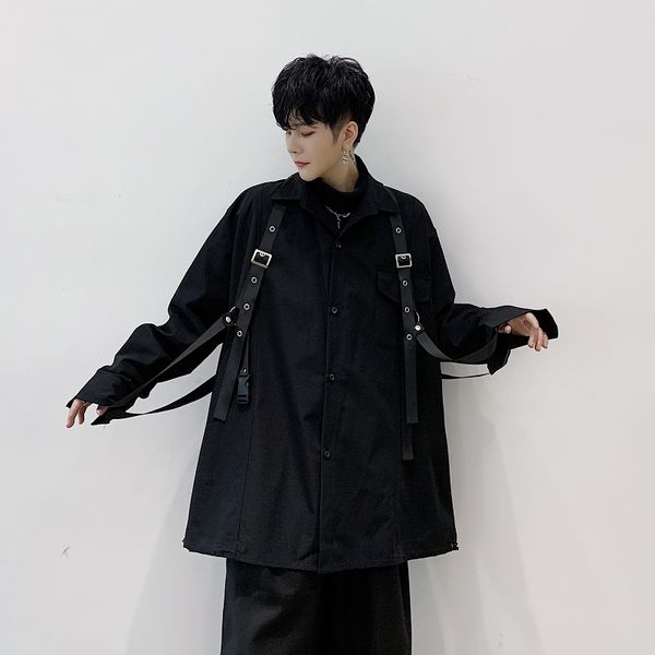 

male streetwear hip hop punk gothic stage party dress shirt men long sleeve leather strap loose casual black cargo shirt, White;black