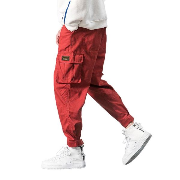 

2019 men multi-pocket elastic waist design harem pant street punk hip hop red casual trousers joggers male army cargo pants 5xl, Black