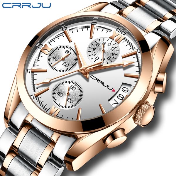 

relogio masculino crrju men luxury brand military sport watch men's quartz clock male full steel chronograph business wristwatch, Slivery;brown