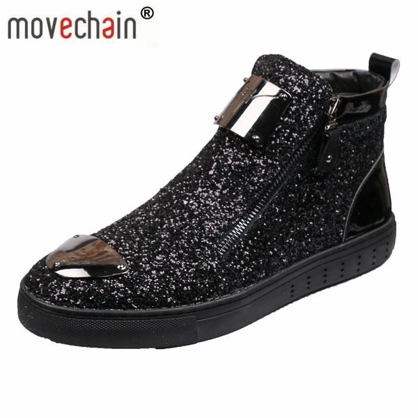 

movechain new men's casual fashion zipper outdoor high-shoes man slip-on boots mens driving party flats, Black