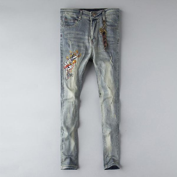 

designer jeans mens distressed ripped skinny trousers luxury clothes slim gc motorcycle moto biker hip hop denim man embroidery bee pants, Blue