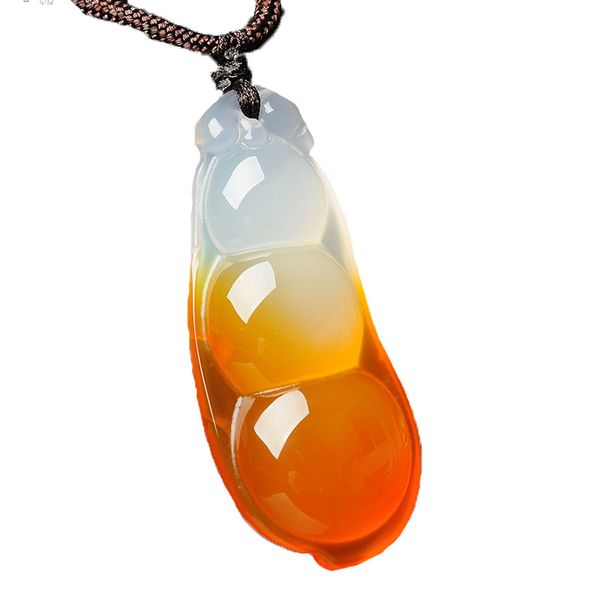 

women orange necklace pendant white chalcedony agate lucky bean pendant rope gift for female fine jade jewelry, Silver