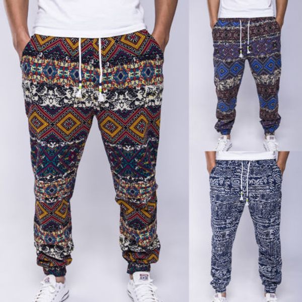 

new arrival men vintage floral harem pant men fashion casual pockets loose long pants cotton drawstring halen pant trousers, Black
