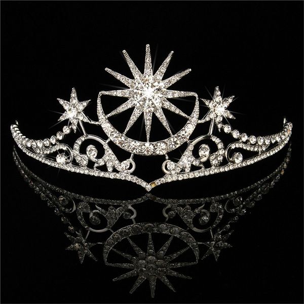 

canner luxury handmade crystal rhinestone bridal crown tiaras star moon wedding hair jewelry accessories, Golden;white