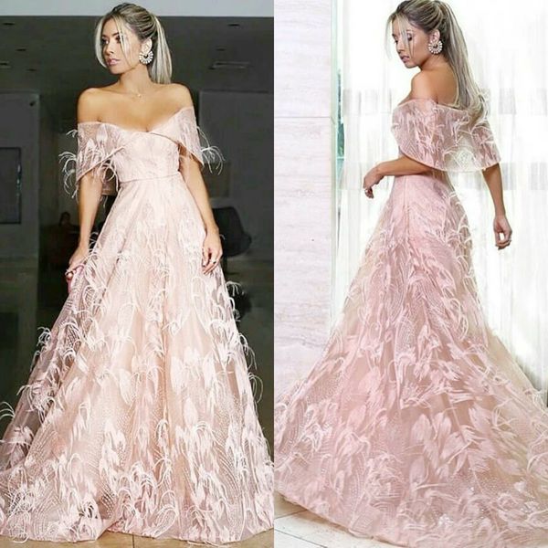 

2020 pink feather prom dresses off the shoulder a line fairy evening dress party wear custom made formal gowns vestidos de novia, Black