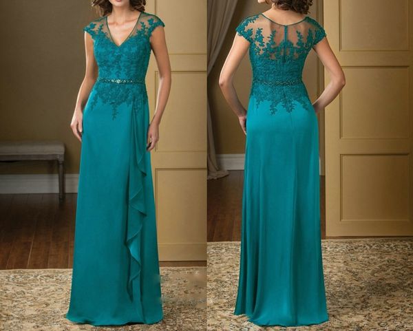 Abiti da sera a-line V Neck Lace Appliques Chiffon Madre della sposa Abiti Custom Mother perline di abiti DH1119