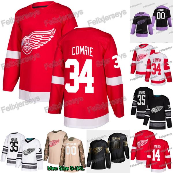 

34 eric comrie 2020 detroit red wings 14 robby fabbri moritz seider luke witkowski jimmy howard alex biega anthony mantha hockey jersey, Black;red