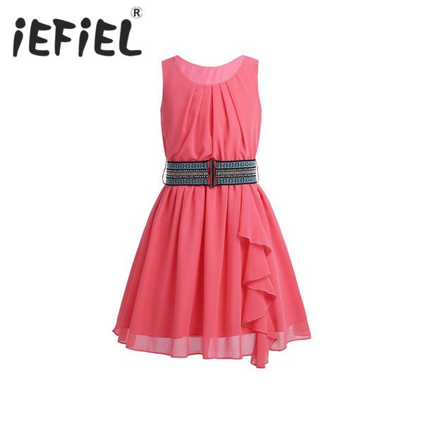 

iefiel kids girls children summer dress chiffon pleated ruffled party birthday dress with belt for summer casual daily clothes, Red;yellow