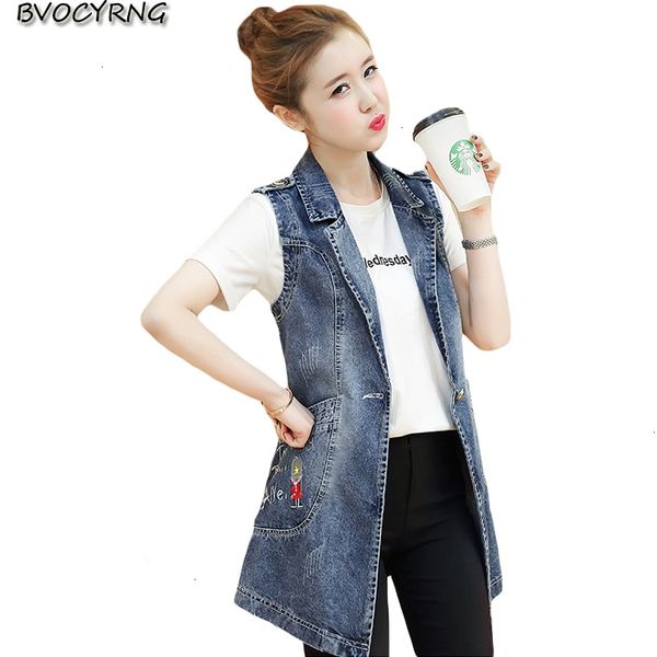 

european large size women's coat new 2019 spring denim vest female slim medium length sleeveless horse clips a1437, Black;white